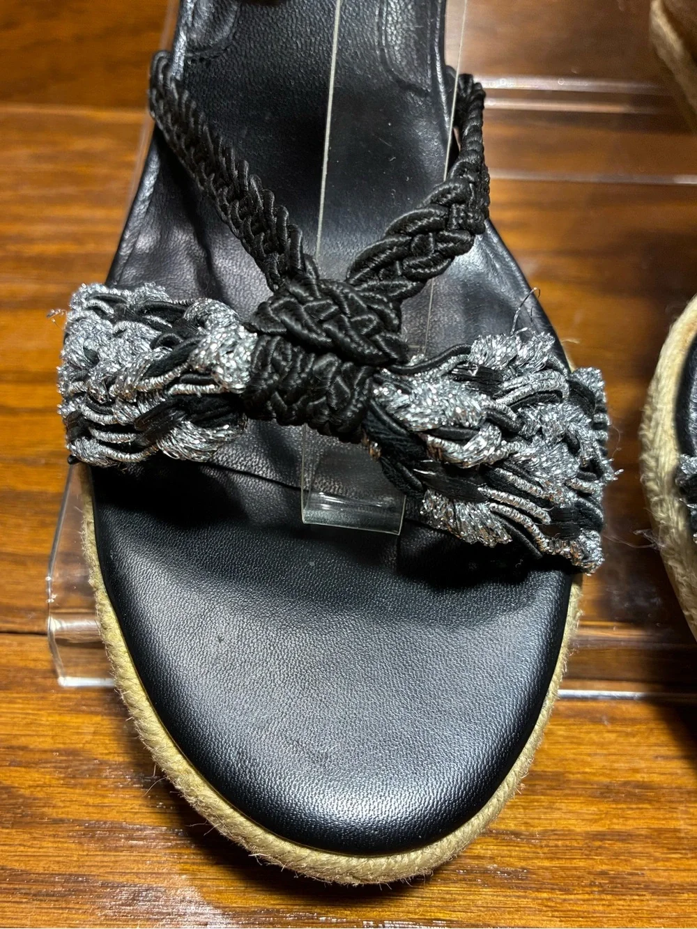 Via Spiga Braided Lace Up Espadrille Wedge Sandals Black Silver Size 10